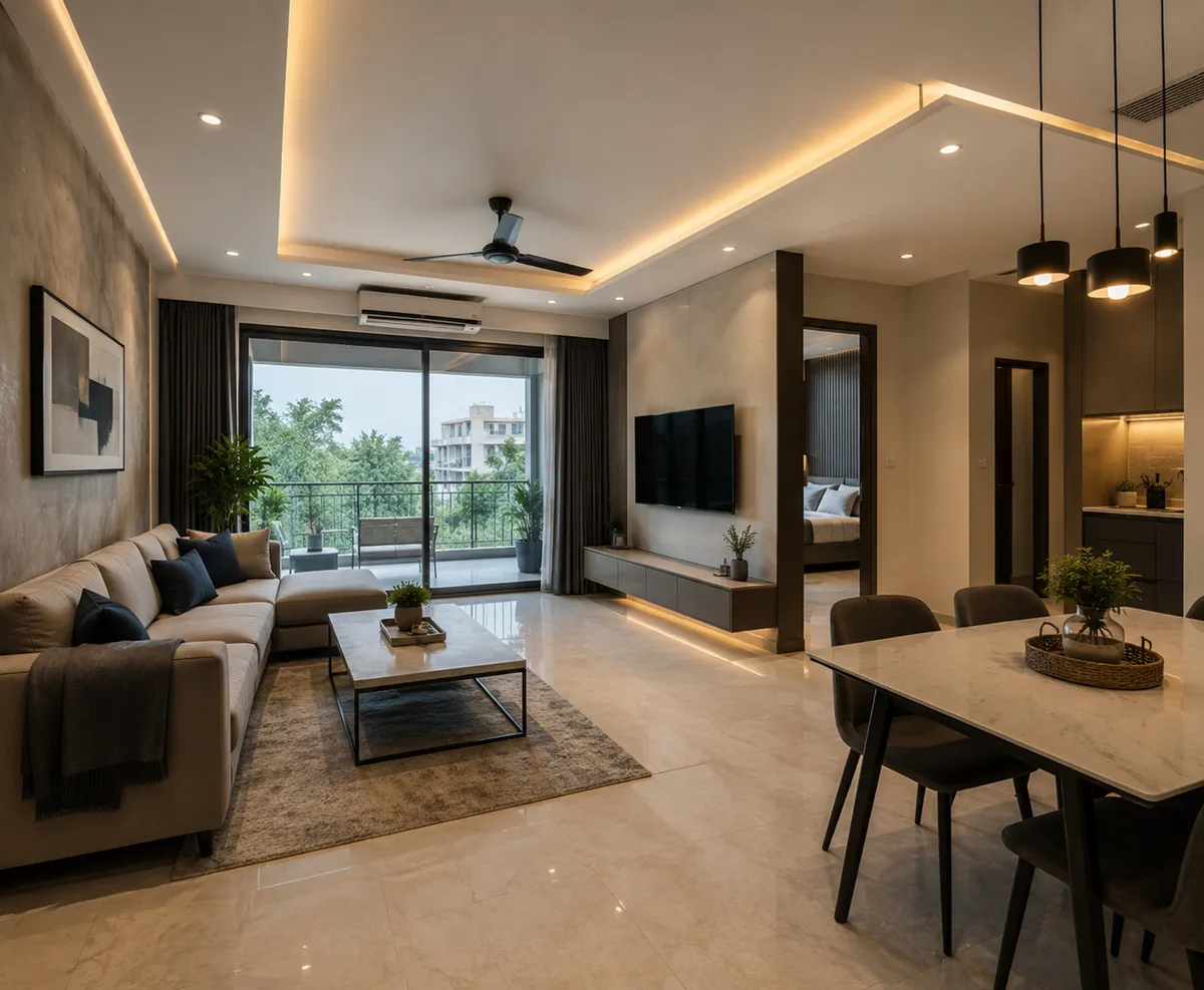 Bright 2 BHK apartment living room in Vijay Nagar, Indore