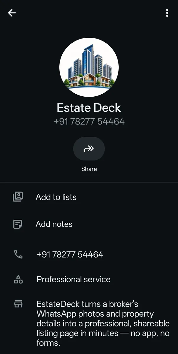 EstateDeck's WhatsApp business contact, +91 78277 54464