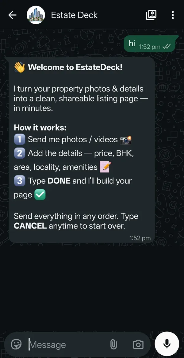 EstateDeck's welcome message on WhatsApp explaining how to send a property