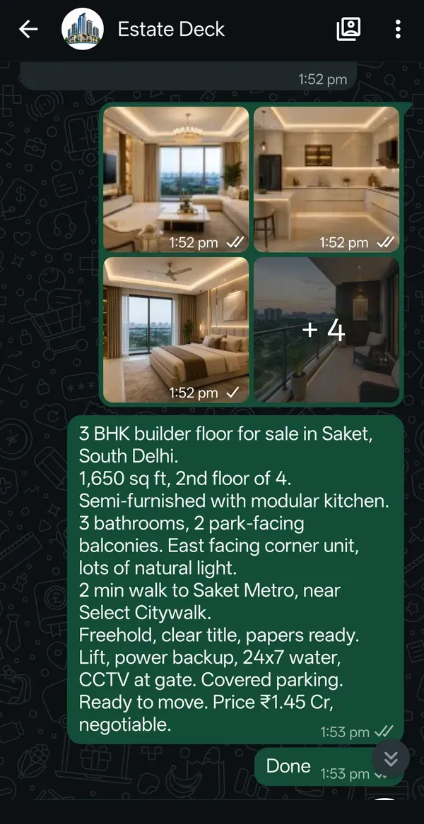 A WhatsApp chat with property photos and rough details of a 3 BHK in Saket, followed by Done