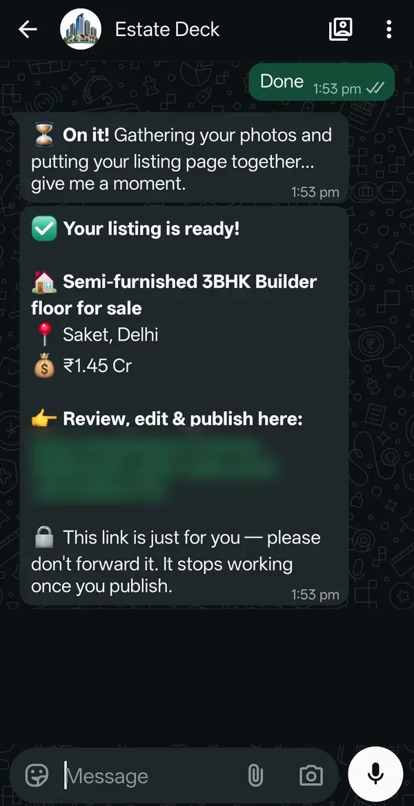 EstateDeck's WhatsApp reply: your listing is ready, with a private review link