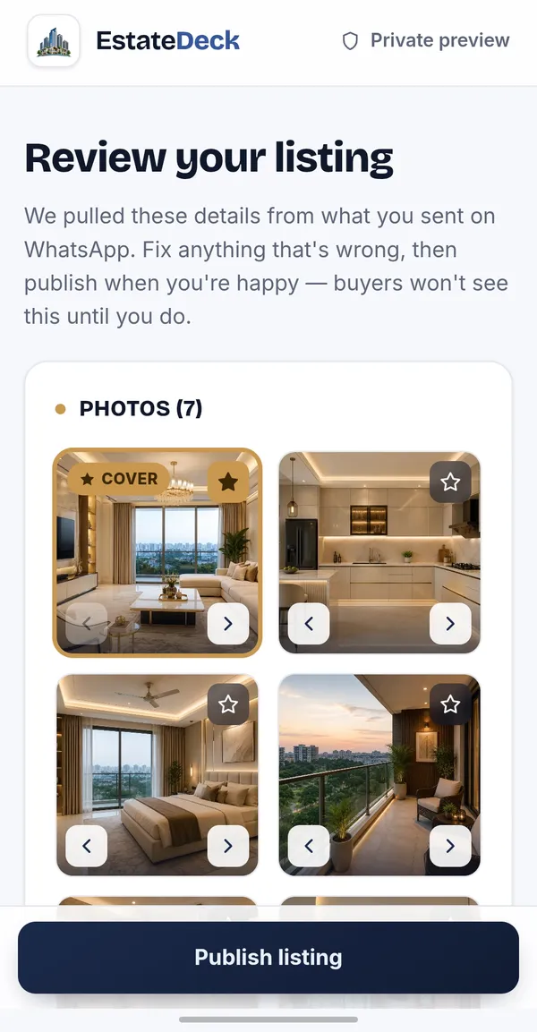 The review page with the listing's photos and a Publish listing button