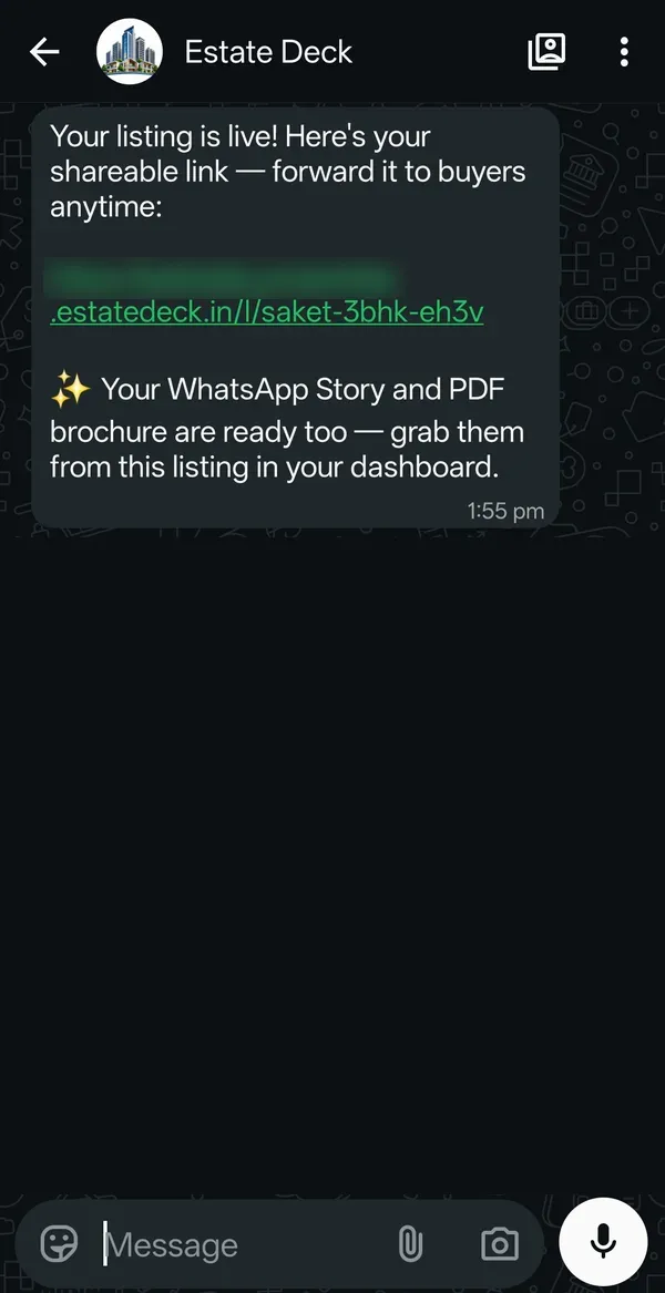 EstateDeck's WhatsApp message: your listing is live, with the shareable link