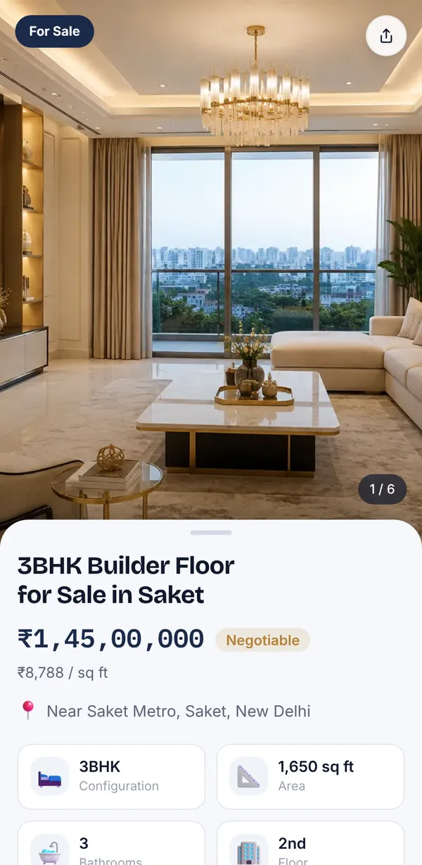 The published listing page: 3 BHK builder floor for sale in Saket, ₹1.45 Cr